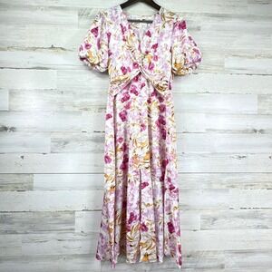 Melloday Pink Orange Floral Satin Puff Sleeve Maxi Dress V-Neck Cottagecore XS